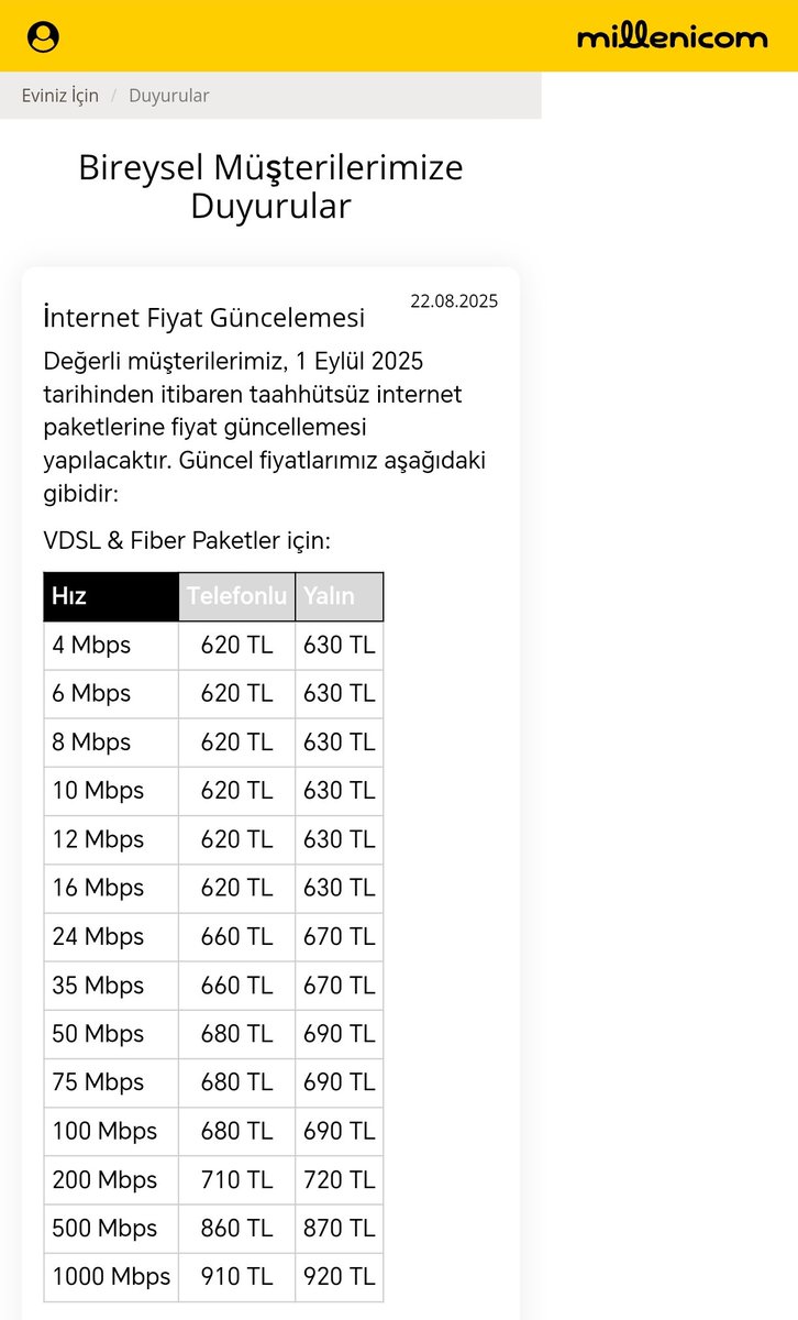 Millenicom'a yine zam gelmiş. 630 TL fatura 690 TL oldu modem ücreti dahil olmayan fiyat olabilir. 100 mbps için elektrik faturasından fazla bir fiyat. BTK, Ticaret, Ulaştırma bakanlıkları izliyor.
