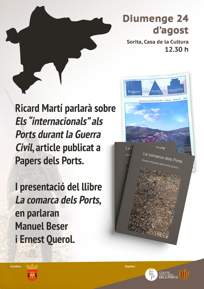 RICARD MARTÍ parlarà sobre els "internacionals" i MANUEL BESER I ERNEST QUEROL, sobre el llibre LA COMARCA DELS PORTS.