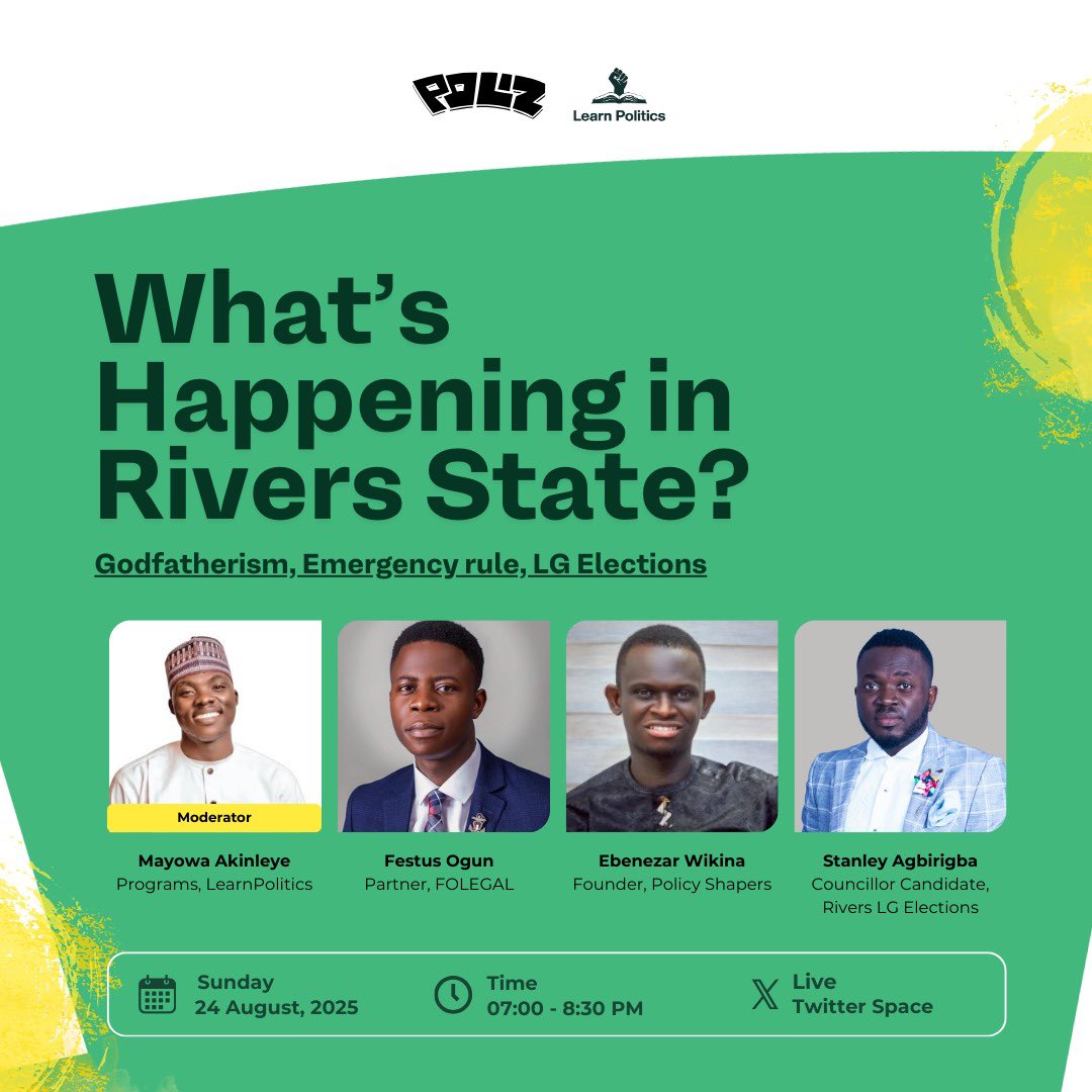 learnpoliticsng's tweet photo. Rivers State is at the center of several debates. From godfatherism to emergency rule, and to the upcoming LG elections.
Join us live on X, this Sunday, August 24th by 7pm, as we analyse these issues.
Don’t miss it!😊
#LearnPolitics #RiversLG2025 https://t.co/Gpz40IRgEX