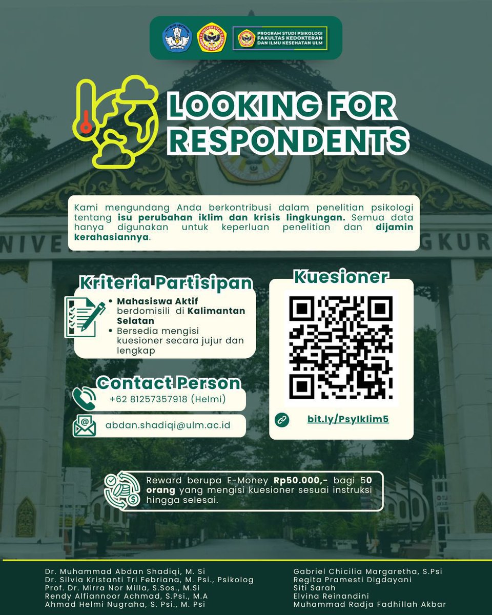 ULM_fess's tweet photo. Open follback! Like &amp; repost for fb yaa ✨
~
Halo! Tolong bantu isi kuesioner penelitian kami tentang Aksi Pro-Lingkungan di Isu Perubahan Iklim. Akan ada reward saldo e-wallet senilai Rp50.000 untuk 50 responden terpilih! Mohon bantuannya yaa. ✨ ss bukti dan reply post ini yaa https://t.co/pVJnZQdmCe