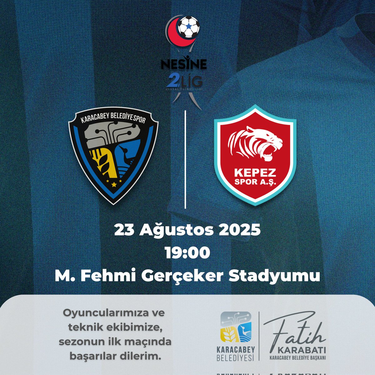 Yeni sezonda Karacabey Belediyespor’umuz sahaya çıkıyor. 
Teknik ekibimize ve futbolcularımıza Kepezspor A.Ş karşısında başarılar diliyoruz. 💙🖤

#KaracabeyBelediyespor #BirlikteBaşaracağız