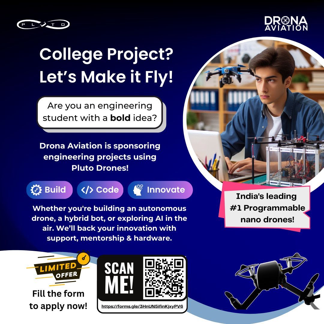 dronaaviation's tweet image. 🎓Students! Here’s your chance to work on real-world drone projects with Pluto Drones.
✨Build. Code. Fly.
⚡Limited Seats - Apply now and take your ideas sky-high!
🔗Secure Your Spot - forms.gle/YCYAdaGibDbxH9…
#DroneInnovation #FutureOfTech #TechLab #Drones #Innovators #Projects