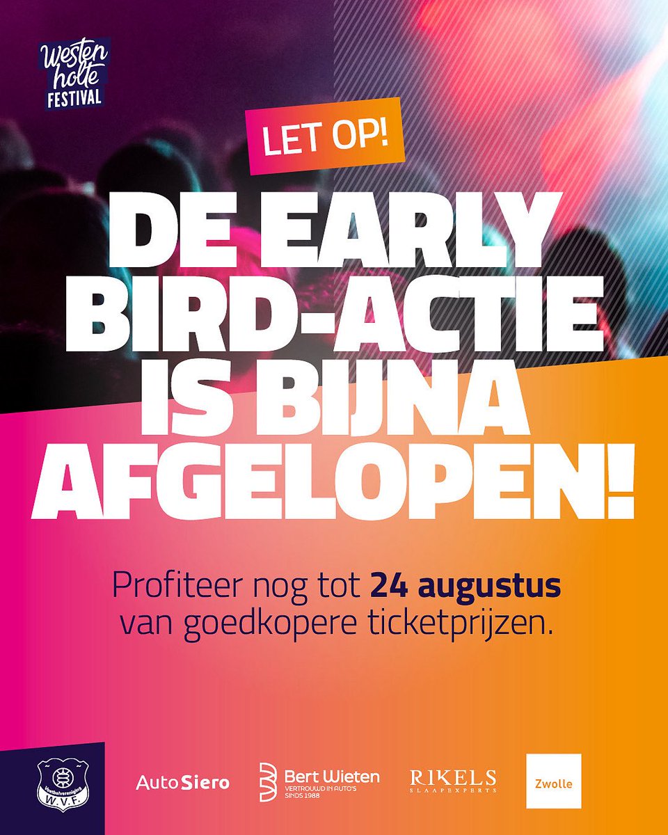 🚨 Early bird alert! 🚨 Nog maar een paar dagen om je tickets met korting te scoren! 🐦✨ Tot en met morgen betaal je minder voor je passe-partout. Vanaf maandag gaat de prijs omhoog van €12,50 naar €15,- voor een passe-partout.
Dus bestel nú via westenholtefestival.nl 🎶🍻