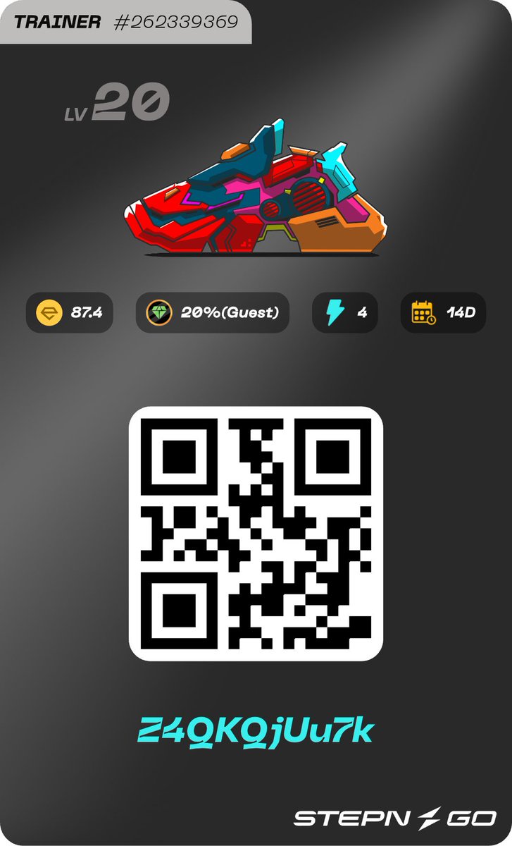 ゲスト募集します！
トレーナーlv20  effi87.4
4エナ2週間、ゲスト20%
45エナ以上消化希望

コード使われた方は、連絡用にXのフォロー、コメントをいただけると嬉しいです！

Z4QKQjUu7k

#STEPNGO
#ゲスト募集