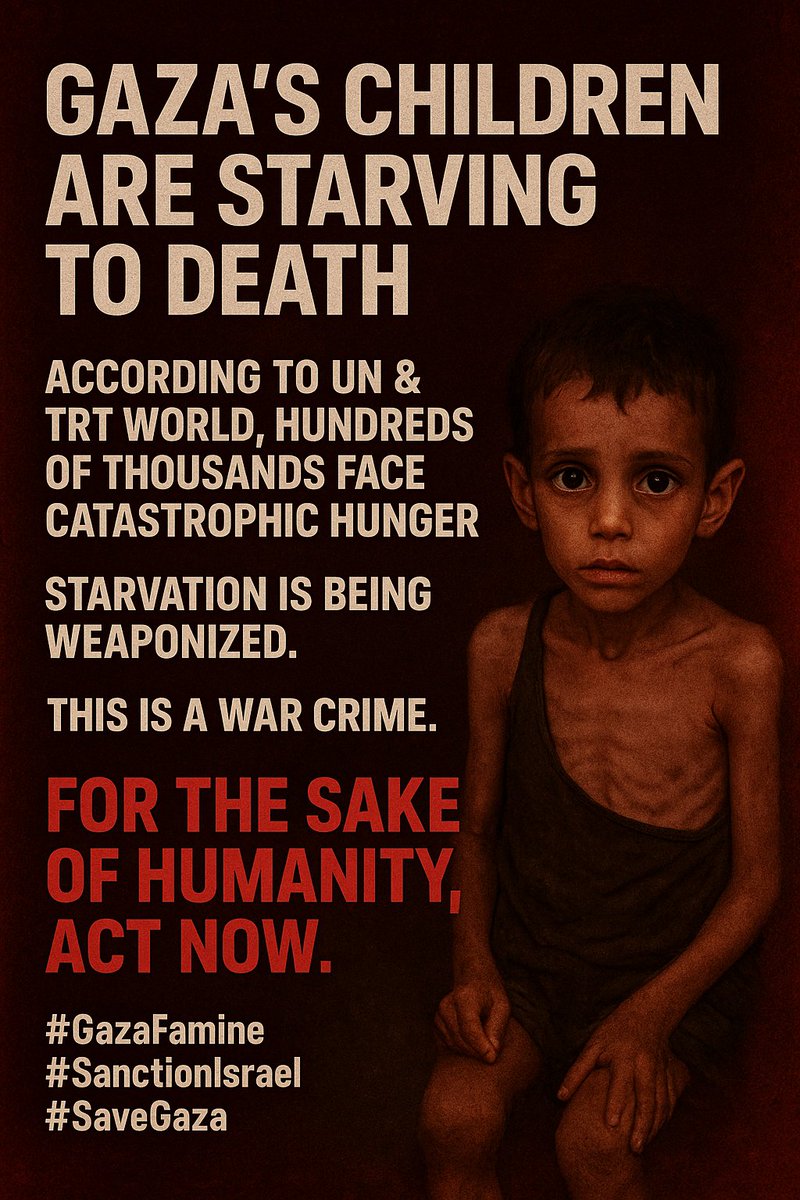 M. Can HALLAÇ (@mchallac) on Twitter photo Gaza’s children are starving to death.
According to UN & TRT World, hundreds of thousands face catastrophic hunger.
Starvation is being weaponized. This is a war crime.
For the sake of humanity, ACT NOW.
#GazaFamine 
#SanctionIsrael 
#SaveGaza Gaza’s children are starving to death.
According to UN & TRT World, hundreds of thousands face catastrophic hunger.
Starvation is being weaponized. This is a war crime.
For the sake of humanity, ACT NOW.
#GazaFamine 
#SanctionIsrael 
#SaveGaza