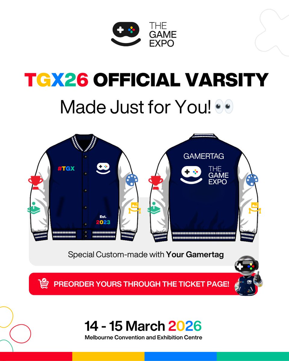 TheGameExpo's tweet image. Do you want your own CUSTOM #TGX Official Varsity Jacket? 👀
You are in luck! You can pre-order your very own Custom TGX Jacket with your tag via our ticketing page

Get your tickets and your Official #TheGameExpo 2026 jacket NOW 🔥