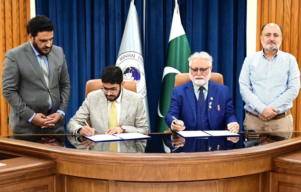 OfficialMUL's tweet photo. Historic MoU Signed to Foster Peace & Academic Excellence!

A landmark Memorandum of Understanding (MoU) was formally signed between the Toaha Foundation UK (Pakistan Chapter) and the School of Peace and Counter Terrorism Studies (SPCTS)) at Minhaj University Lahore.

The signing ceremony was graced by our esteemed leaders:

Form Toaha Foundation UK: Mr. Muhammad Rafique Tahir (Head of Pakistan Chapter) and Mr. Toaha Qureshi (Chairman).
Form Minhaj University Lahore: Dr. Hassan Farooq Mashwani (Head of SPCTS) and Prof. Dr. Khurram Shahzad (Registrar, MUL).

At the special MoU signing ceremony, Prof. Dr. Hussain Mohi-ud-Din Qadri, Deputy Chairman of the Board of Governors (BOG), Minhaj University Lahore, was also present and presided over the exchange of the signed documents between both parties.

This powerful collaboration establishes scholarships to support meritorious scholars. The research will focus on Pakistan's most critical themes:
➡️ “Community-led Approach to Counter Extremism”
➡️ “Protection of the Ideological Boundaries of Pakistan”

This is the first step toward a long-term partnership aimed at promoting academic collaboration in peace and counter-terrorism studies.

#Partnership #AcademicExcellence #Gratitude #PeaceAndSecurity #MinhajUniversity #ToahaFoundation #MakingADifference #Leadership @DrHussainQadri
