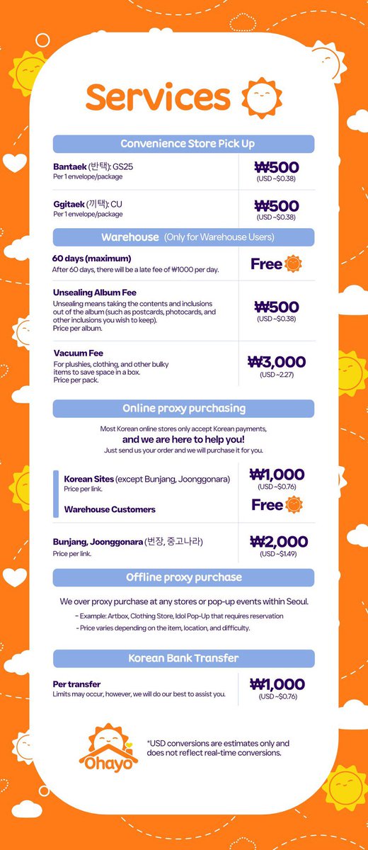 OhayoWarehouse's tweet photo. Welcome to Ohayo Korea ☀️

We make shopping from Korea easy and accessible. Start storing your dreams with us today! ☁️

Contact us:
Web https://t.co/ySbUnzah1v
Kakao https://t.co/v9c9SLCEP0
Whatsapp https://t.co/BjRPREx4x3
Insta https://t.co/FMNT9o2stj
or DM 💌 https://t.co/RRDR8sih6C