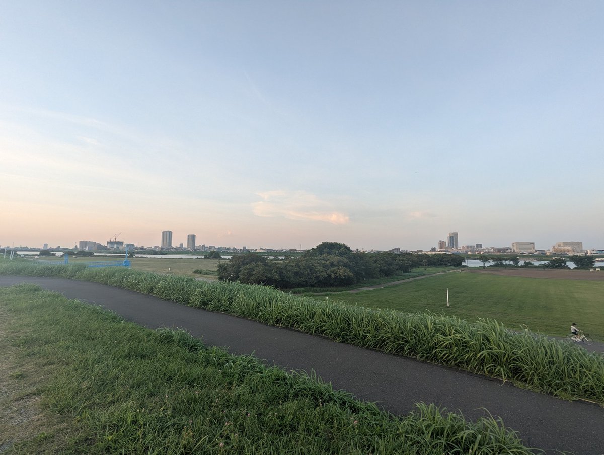 ぎっくり腰のリハビリで約3km歩いた。
これから戻って今日は6kmくらい歩く。
夕方の土手は風があって涼しい。