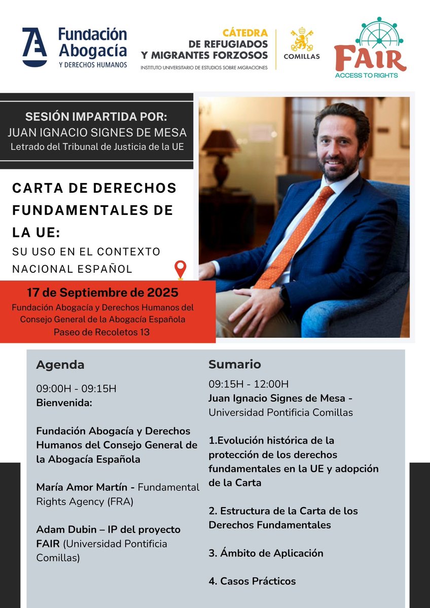 Fundación Abogacía y DDHH (@abogaciayddhh) on Twitter photo 📣En septiembre llega una formación práctica imprescindible:
➡️Jornada “Carta de Derechos Fundamentales: su uso en el contexto nacional español”
🗓️17 de septiembre
👩⚖️Para profesionales de la Justicia
📍Formato híbrido
🎓Organizan: <a href="/Abogacia_es/">Abogacía Española</a> y <a href="/UCOMILLAS/">Universidad Pontificia Comillas</a>
abogacia.es/actualidad/age… 📣En septiembre llega una formación práctica imprescindible:
➡️Jornada “Carta de Derechos Fundamentales: su uso en el contexto nacional español”
🗓️17 de septiembre
👩⚖️Para profesionales de la Justicia
📍Formato híbrido
🎓Organizan: <a href="/Abogacia_es/">Abogacía Española</a> y <a href="/UCOMILLAS/">Universidad Pontificia Comillas</a>
abogacia.es/actualidad/age…