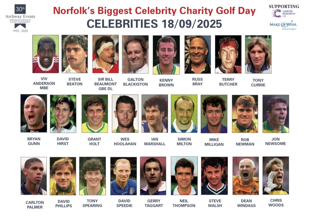Here’s an updated list of celebrities playing in “Norfolk’s Biggest Celebrity Charity Golf Day”, next month, hosted by Archway Events

<a href="/BillBeaumont/">Sir Bill Beaumont</a> <a href="/MrGunny1963/">Bryan James Gunn</a> <a href="/DWindass10/">Dean Windass</a> <a href="/DavidSpeedie10/">David Speedie</a> <a href="/Milts25/">Simon Milton</a> <a href="/CarltonPalmer/">Carlton Palmer</a> <a href="/Stevebeaton180/">Stevebeaton</a> <a href="/Russ180/">Russ Bray</a> <a href="/SteveWalsh5/">Steve Walsh 💙</a> <a href="/kennyjbrown67/">Kenny Brown</a> <a href="/Grantholt31/">Grant Holt</a>