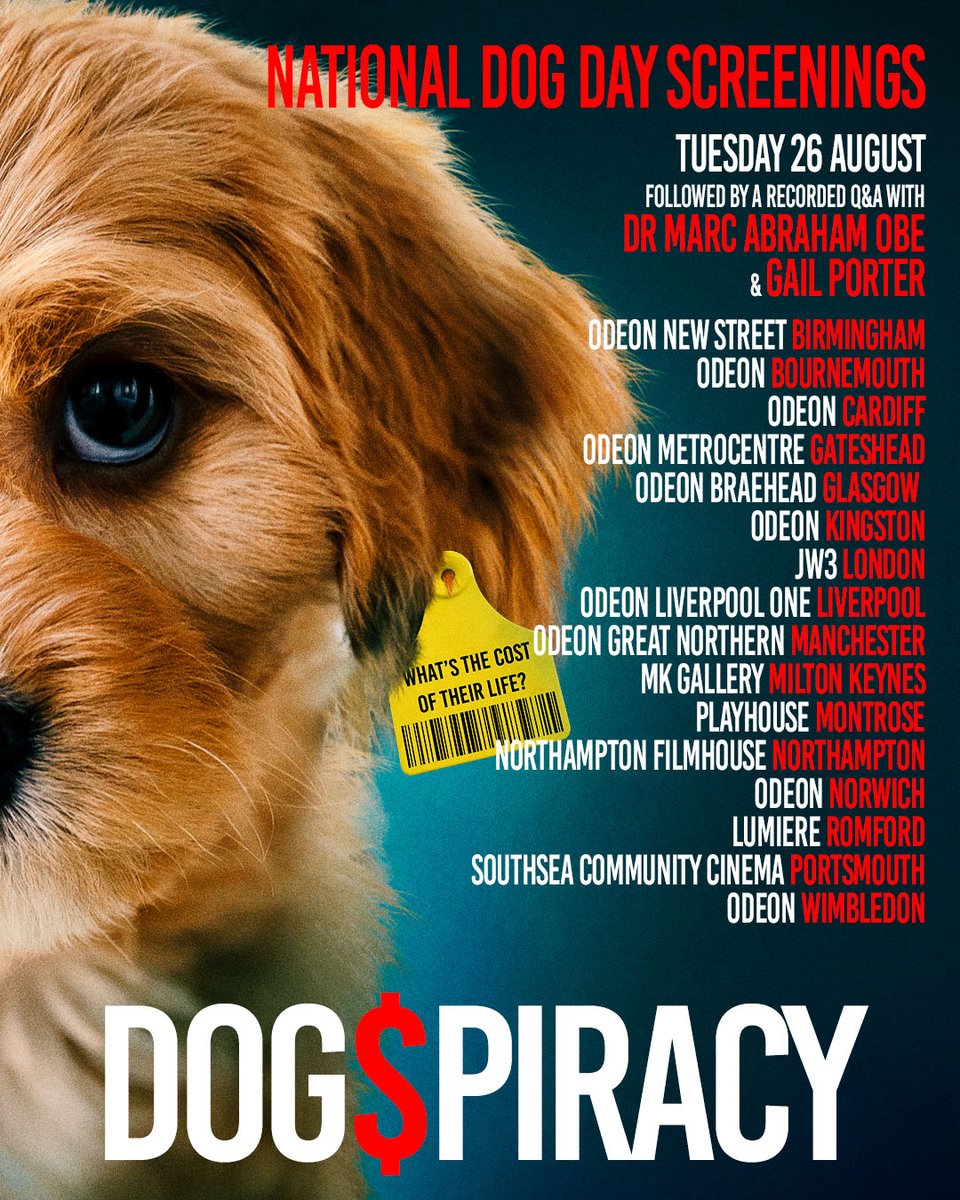 Calling all dog lovers!! Check out local cinema screenings for #Dogspiracy on #NationalDogDay next Tues. These special showings will be followed by an exclusive interview with the amazing #GailPorter &amp; myself. Please share with other dog lovers thanks everyone! 🐾 #AnimalWelfare