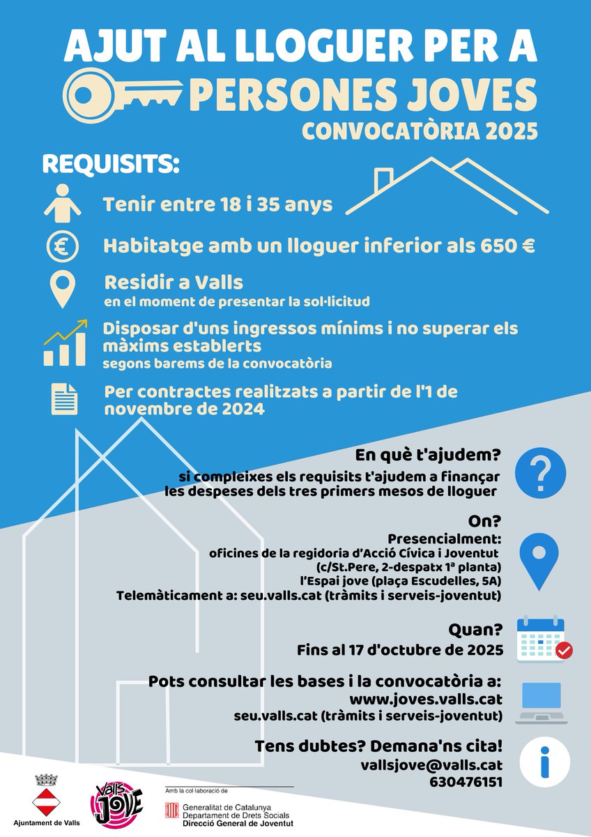 🟢 Oberta la convocatòria d'ajuts per a facilitar l'accés dels joves a habitatges de lloguer.

📆 Els ajuts cobreixen fins a tres mesos de lloguer i es poden sol·licitar fins al 17 d’octubre.

ℹ️ valls.cat/la-ciutat/noti…