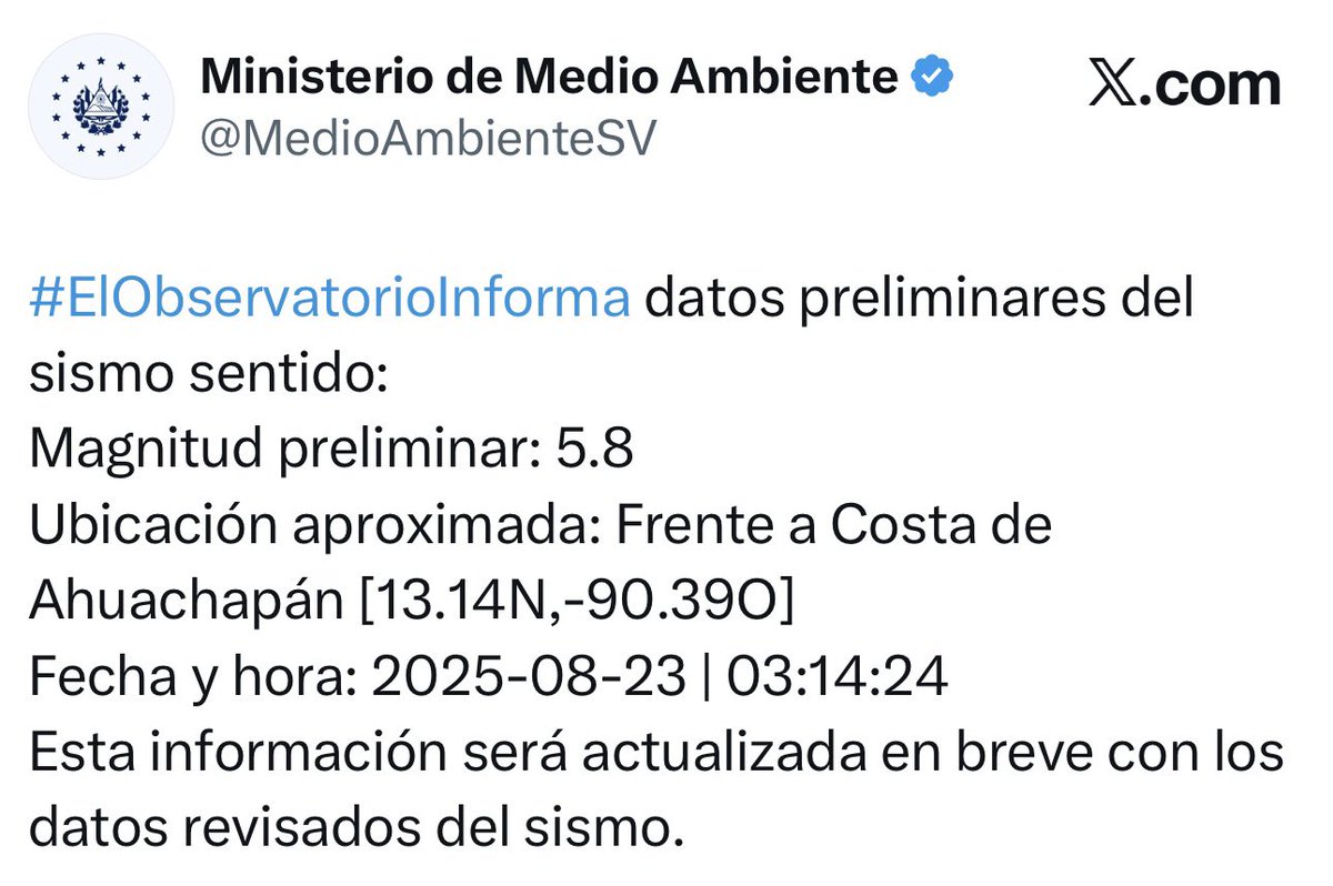 #SismoSV | El Ministerio de Medio Ambiente comparte los datos preliminares del sismo sentido de magnitud preliminar: 5.8 Ubicación aproximada: Frente a Costa de Ahuachapán.

#TNM #GMV