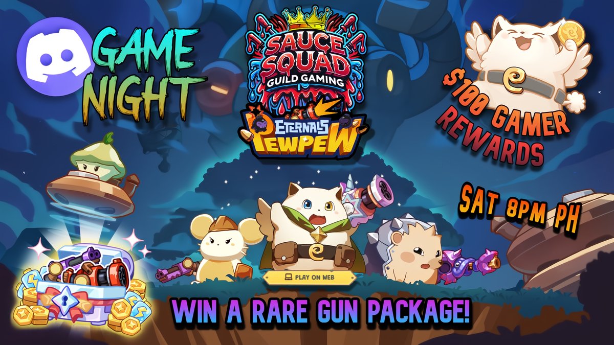 $100 GAMER REWARDS up for grabs 🔫💰
Plus Gun packages and energy! ⚡️

Tonight we pewpew as usual but this time, sweaty squadies with <a href="/Eternals_World/">Eternals</a> pewpew 🔥

📍Where: <a href="/SAUCESQUADGG/">SAUCE SQUAD</a> DISCORD (link in bio)
📅 When: TONIGHT

Are you ready for the madness? 🎮
⚡ Power to the