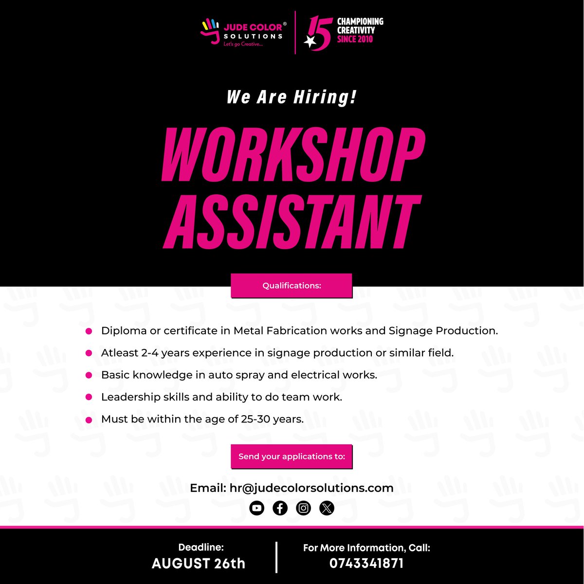 jude_color's tweet image. 🚨 We’re Hiring! 🚨
Are you ready to take your career to the next level? Jude Color Solutions is looking for passionate and skilled individuals to join our creative family! 
📅 Deadline: August 26th
📩 Apply via: hr@judecolorsolutions.com
📞 Call: 0743341871
#GraphicsDesigner…