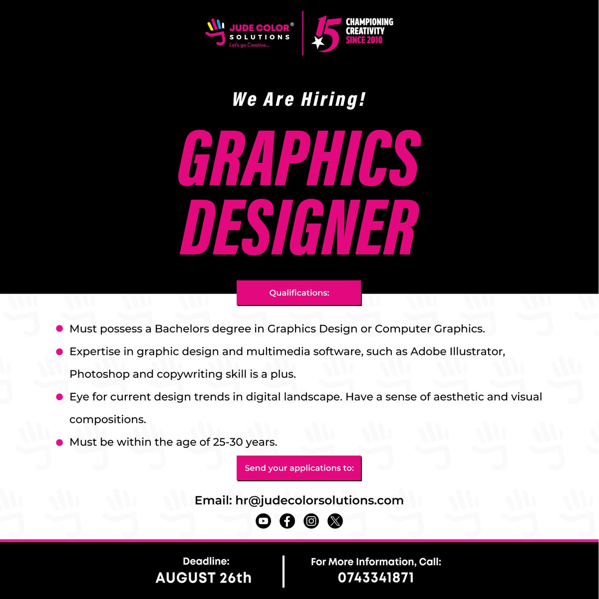 jude_color's tweet image. 🚨 We’re Hiring! 🚨
Are you ready to take your career to the next level? Jude Color Solutions is looking for passionate and skilled individuals to join our creative family! 
📅 Deadline: August 26th
📩 Apply via: hr@judecolorsolutions.com
📞 Call: 0743341871
#GraphicsDesigner…