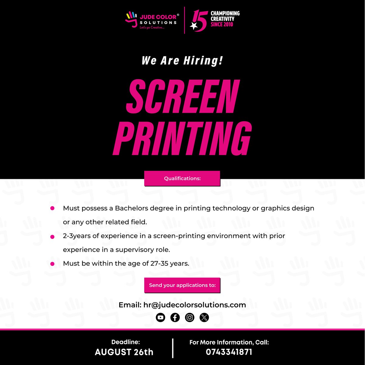jude_color's tweet image. 🚨 We’re Hiring! 🚨
Are you ready to take your career to the next level? Jude Color Solutions is looking for passionate and skilled individuals to join our creative family! 
📅 Deadline: August 26th
📩 Apply via: hr@judecolorsolutions.com
📞 Call: 0743341871
#GraphicsDesigner…