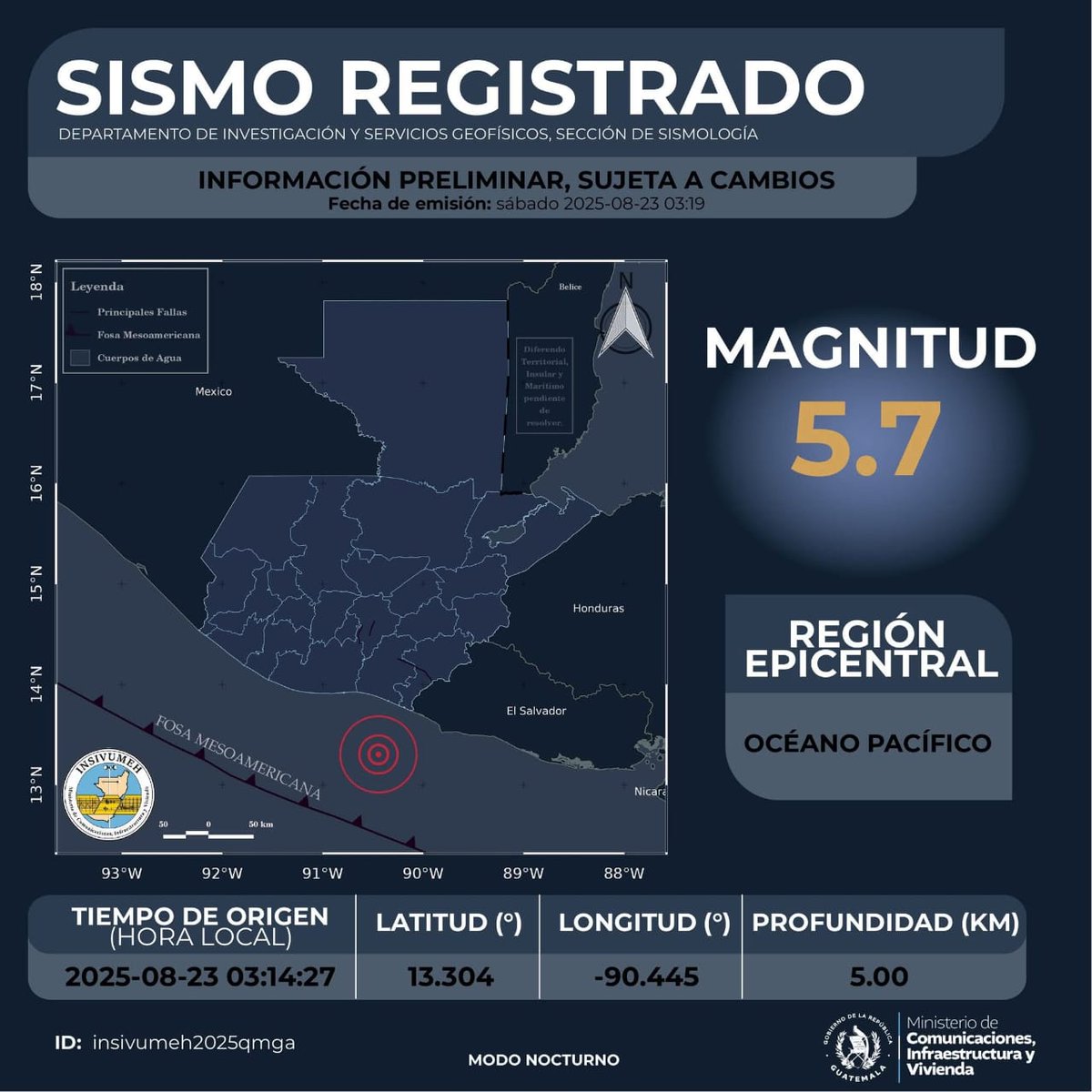 ConredGuatemala's tweet photo. #SismoGT A las 3:14 horas se registró un sismo de magnitud 5.7 con región epicentral en el océano Pacífico. https://t.co/heCefuJN4k
