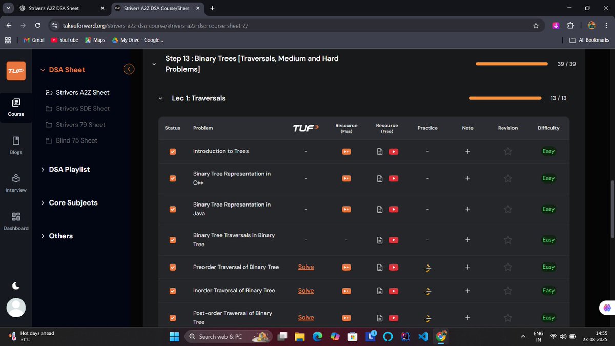 Lakshay2709's tweet image. Day 38–41 ✅ | Step 13 (Binary Trees 🌳) – Lec 1: Traversals
Solved all 13 problems — from recursive Pre/In/Post order to iterative + combined traversals. 🚀
#100DaysOfCode #DSA #BinaryTrees