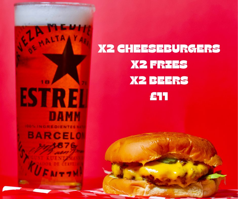🔥 SATURDAY ONLY 🔥
🍔 2 Cheeseburger Combos 
+ 2 Cold Beers = JUST £11 🍺
👉 That’s £5.50 each for burger, fries &amp; a beer!
💡 Date night? Mates night? Any night.
👇 This Saturday — bring your hunger. We’ll bring the flavour.