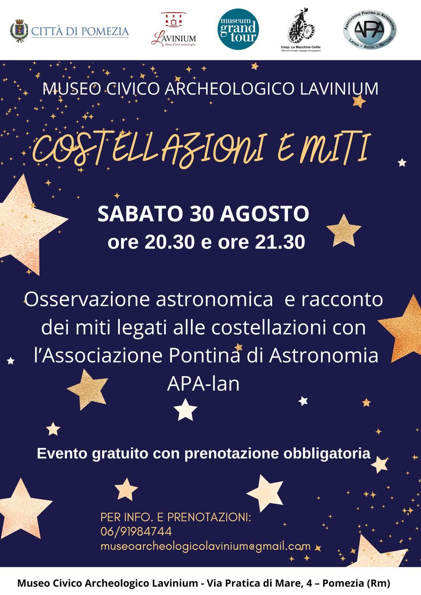 #museolavinium
 #pomezia #museumgrandtour #astronomia 

Costellazioni e Miti al Museo Lavinium, sabato  30 agosto  
Per info 👇