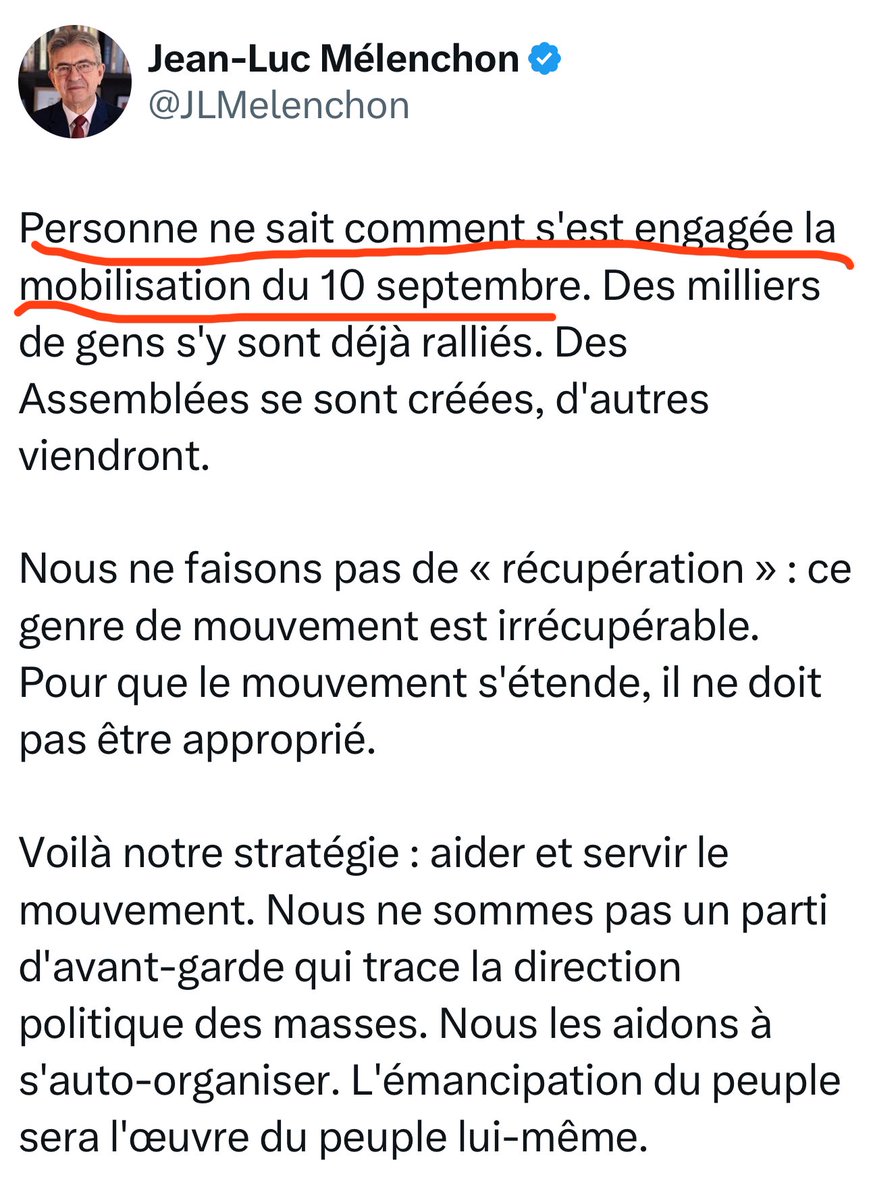 Jérôme Godefroy (@jeromegodefroy) on Twitter photo Si, <a href="/JLMelenchon/">Jean-Luc Mélenchon</a>, on sait très bien comment s’est engagée cette mobilisation du 10 septembre. C’est clairement une nébuleuse d’extrême-droite, souverainiste, antivax, Frexit, des reliquats de Gilets Jaunes. Le tout amplifié par les trolls de Moscou.
Il fallait évidemment que la Si, <a href="/JLMelenchon/">Jean-Luc Mélenchon</a>, on sait très bien comment s’est engagée cette mobilisation du 10 septembre. C’est clairement une nébuleuse d’extrême-droite, souverainiste, antivax, Frexit, des reliquats de Gilets Jaunes. Le tout amplifié par les trolls de Moscou.
Il fallait évidemment que la