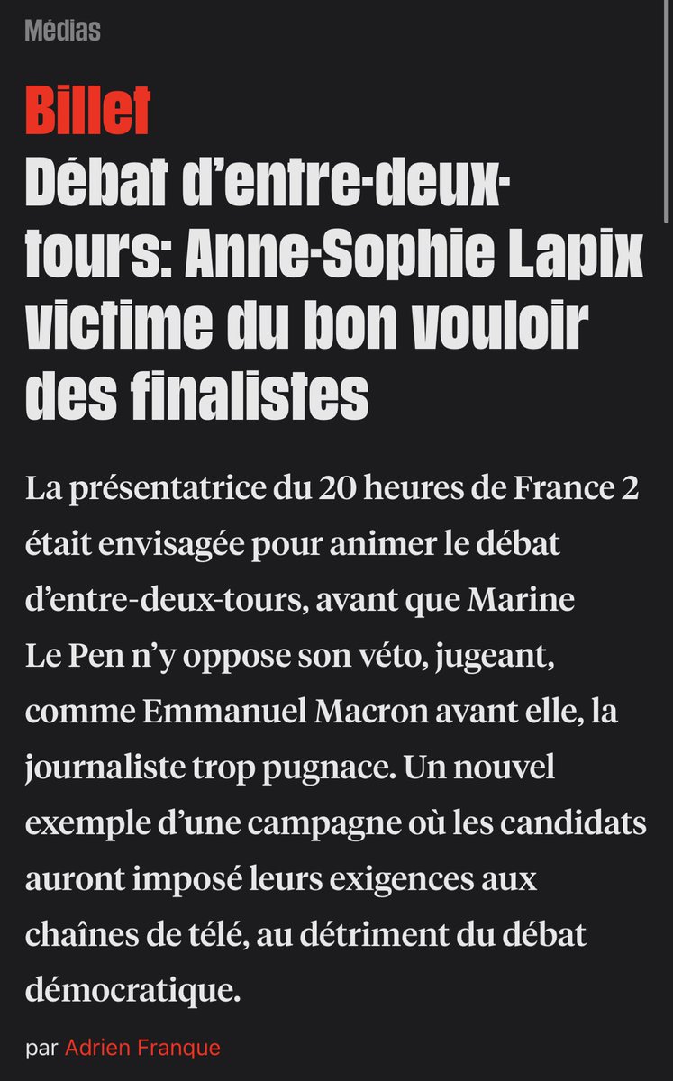 Dono (@sht_dono) on Twitter photo « Jusquâici seule lâextrĂȘme droite interdisait des journalistes qui lui dĂ©plaisent ».
Macron dĂšs le dĂ©but de son mandat a refusĂ© dâaccrĂ©diter des journalistes et modifiĂ© lâaccĂšs Ă lâElysĂ©e
Macron a littĂ©ralement exigĂ© de ne pas dĂ©battre avec Lapix avant de la faire virer du JT. « Jusquâici seule lâextrĂȘme droite interdisait des journalistes qui lui dĂ©plaisent ».
Macron dĂšs le dĂ©but de son mandat a refusĂ© dâaccrĂ©diter des journalistes et modifiĂ© lâaccĂšs Ă lâElysĂ©e
Macron a littéralement exigé de ne pas débattre avec Lapix avant de la faire virer du JT.
