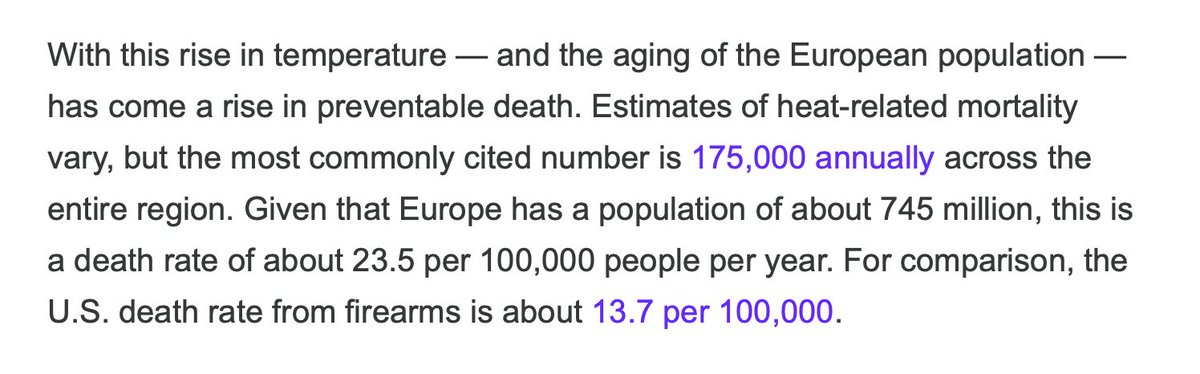 Robert Colvile (@rcolvile) on Twitter photo Striking stat from <a href="/Noahpinion/">Noah Smith ๐</a> - Europeans twice as likely to die of heat as Americans from guns. Meaning as many as 100k European lives a year could be saved by air conditioning. Striking stat from <a href="/Noahpinion/">Noah Smith ๐</a> - Europeans twice as likely to die of heat as Americans from guns. Meaning as many as 100k European lives a year could be saved by air conditioning.