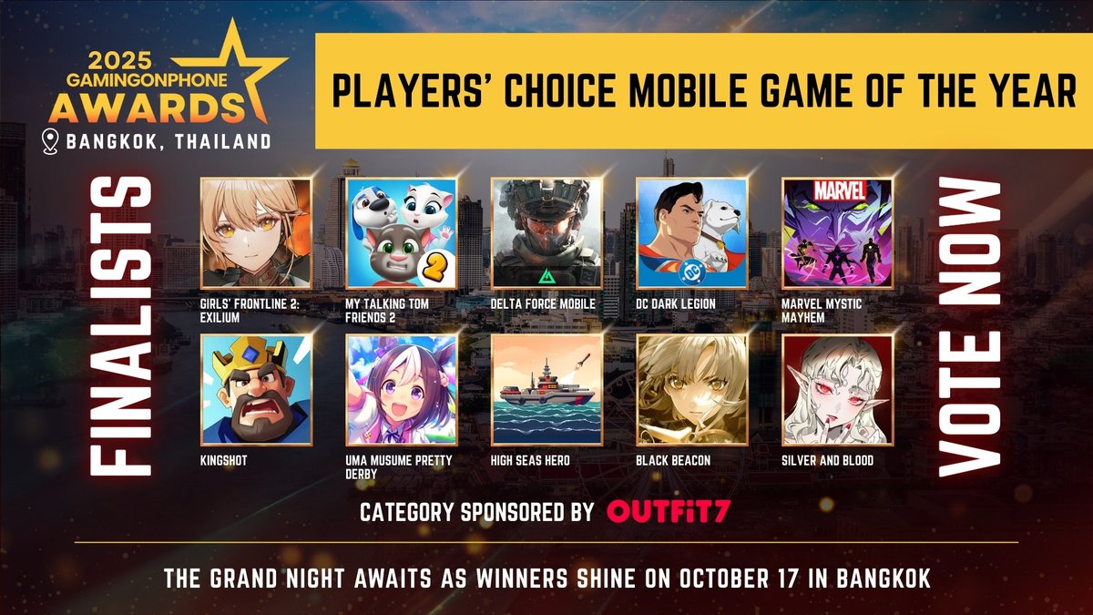 GamingonPhone (@gamingonphone) on Twitter photo Presenting the finalists for the GamingonPhone Awards 2025 (12/30) π
π Players' Choice Mobile Game Of The Year, sponsored by <a href="/OUTFiT7Official/">OUTFiT7</a>
ποΈ <a href="/GFL2EXILIUM_EN/">GIRLS' FRONTLINE 2: EXILIUM-EN Official</a> from Darkwinter Software Co., Ltd
ποΈ My Talking Tom Friends 2 from <a href="/OUTFiT7Official/">OUTFiT7</a>
ποΈ <a href="/DeltaForce_Game/">Delta Force Game</a> from Presenting the finalists for the GamingonPhone Awards 2025 (12/30) π
π Players' Choice Mobile Game Of The Year, sponsored by <a href="/OUTFiT7Official/">OUTFiT7</a>
ποΈ <a href="/GFL2EXILIUM_EN/">GIRLS' FRONTLINE 2: EXILIUM-EN Official</a> from Darkwinter Software Co., Ltd
ποΈ My Talking Tom Friends 2 from <a href="/OUTFiT7Official/">OUTFiT7</a>
ποΈ <a href="/DeltaForce_Game/">Delta Force Game</a> from