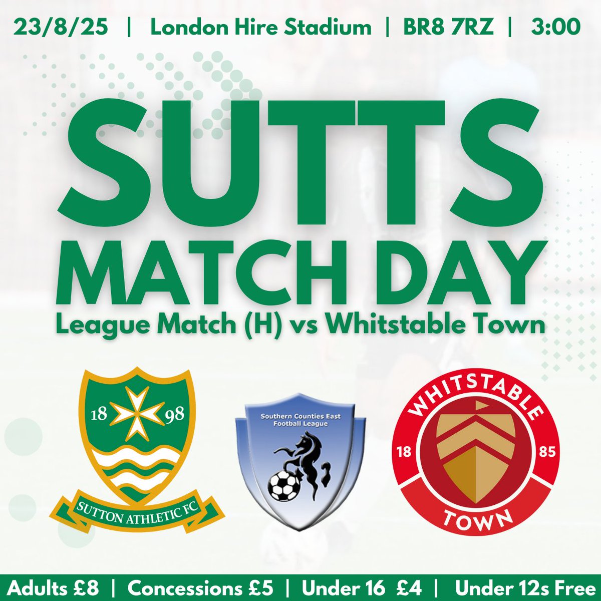 MATCH DAY! 🟢⚪️
Sutton Athletic host Whitstable Town at the London Hire Stadium. Head down and back the lads!

📆Saturday 23rd of August
🏆SCEFLeague
📍BR8 7RZ, London Hire Stadium
⏰3:00pm Kick-Off
🎟️Adults £8 | Concessions £5| U16  £4 | U12s Free
🍔Café &amp; Bar Open from 1pm