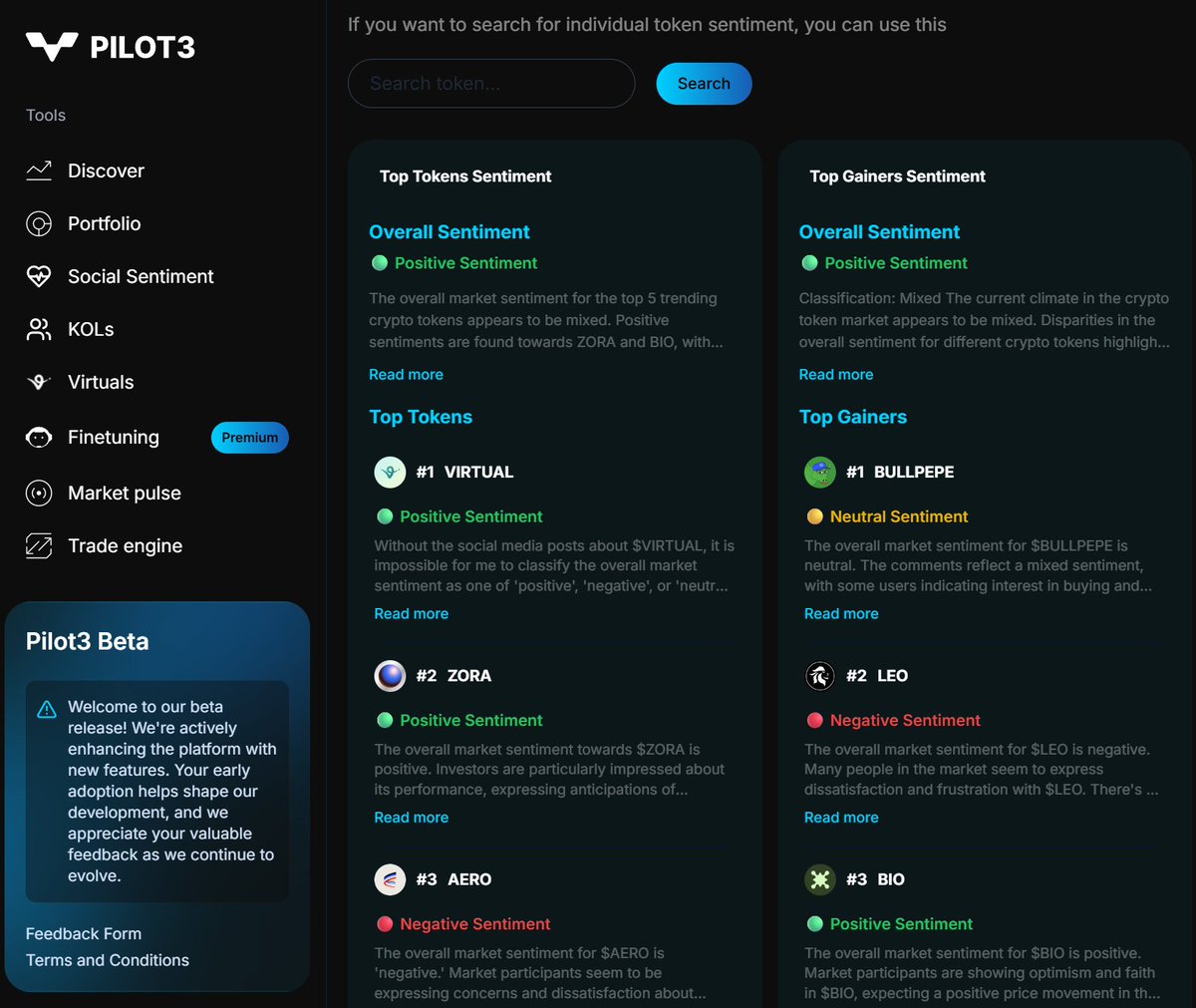 Screenshot of Pilot3 V1 Beta app interface showing social sentiment and top tokens