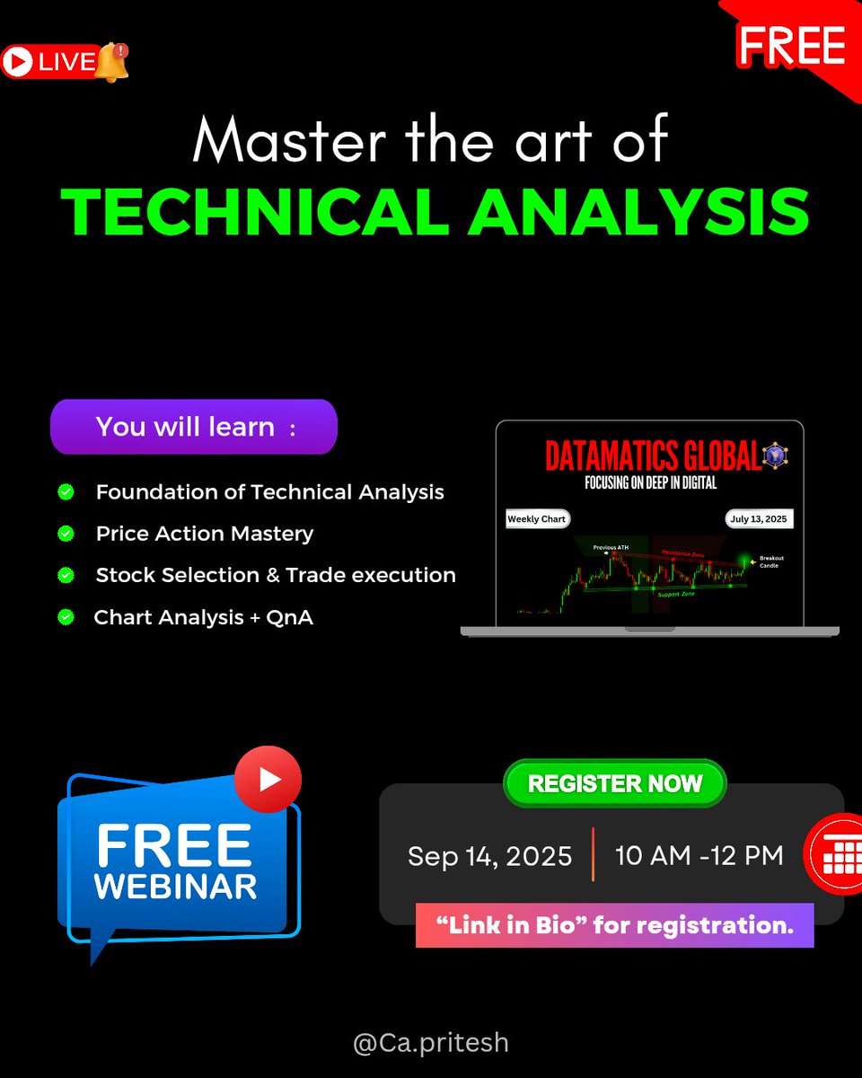 heythetechnical's tweet photo. 🔍Master the Art of TECHNICAL ANALYSIS

📅 Sept 14, 2025 | 🕙 10 AM – 12 PM
💻 Live & Interactive Online Session
⚠️ No Recordings Available.

 🚀 What You’ll Gain:
1⃣ Decode charts & market psychology
2⃣ Master price action, trends & key levels
3⃣ Stock selection & trade execution
4⃣ Live market analysis + Q&A

🎁 Bonuses for Attendees:
➡️ Chart Pattern Cheat Sheet
➡️ AI Prompt for Financial & Technical Analysis

💥 Spots are Limited – Register Now!

🔗 Link below to register.
https://t.co/9NzFCJPyvm

#TechnicalAnalysis #PriceActionTrading
#Trading #investing