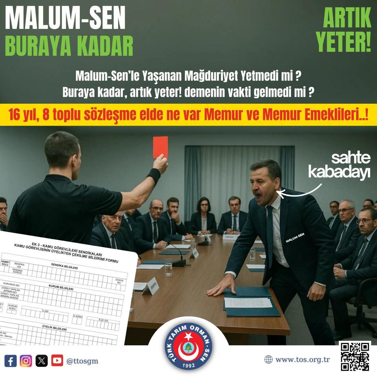 8  Toplu Sözleşmeyi feda eden bu Memursen, sana ne verdi. Emrinde çalışan yeterli ücret alamayan işçi personel bile neredeyse seni ikiye katladı. Emekliliğin de zehir oldu.

Sadece şahsi çıkarlarını ve koltuklarını düşünen bu yapıdan  istifa ederek memuru ve emekliyi kurtaralım.