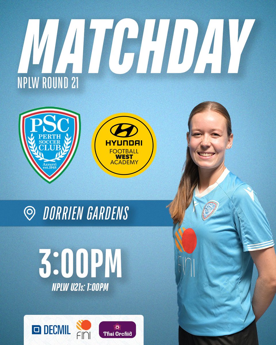 MATCHDAY!

Today we take on the Football West Academy in our final game of the NPLW league season

📍 Dorrien Gardens
➡️ First Team: 3:00pm
➡️ U21s: 1:00pm

𝗘𝗻𝘁𝗿𝘆 𝗙𝗲𝗲:
Adults - $10
Concession - $5
16 &amp; Under - Free

#ForzaAzzurri ⚽💙