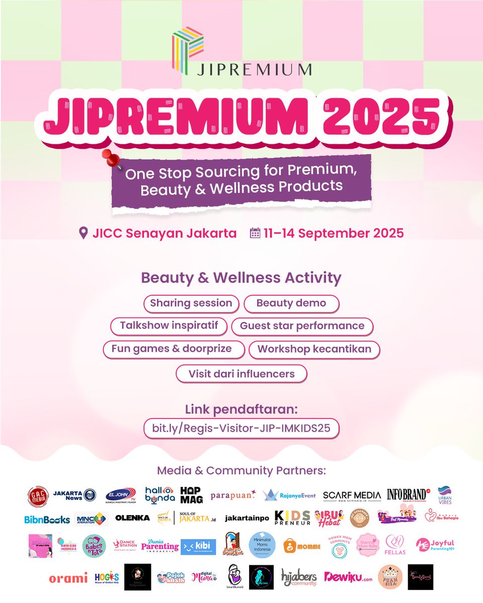 📣 YUK MERIAHKAN!
💄✨ JIPREMIUM 2025 

🗓 11 – 14 September 2025
📍 JICC, Senayan – Jakarta
🎟 GRATIS TIKET MASUK! (Free Entry)

🔗 Link Pendaftaran Pengunjung: bit.ly/Regis-Visitor-…

Follow untuk update lengkapnya:
📸 IG &amp; TikTok: <a href="/jipremium/">j</a>.id

#JIPREMIUM2025 
#rajanyaevent