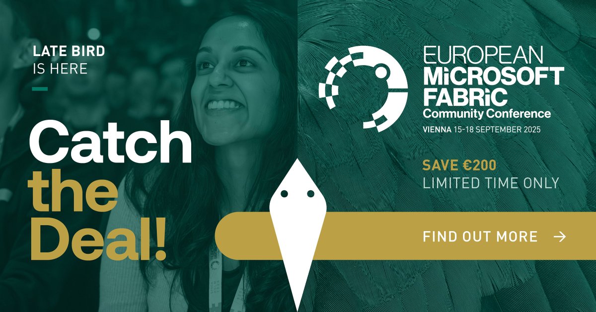 EuropeanFabric's tweet image. Last deal before full price! Secure your Late Bird ticket and save today ➡️sharepointeurope.com/european-micro…

#RealTimeIntelligence #MicrosoftFabric #AzureAIFoundry #PowerBI #DataWarehouse #DataEngineering #AI #MicrosoftPurview #FabricData #FabricAI #Agents #CosmosDB