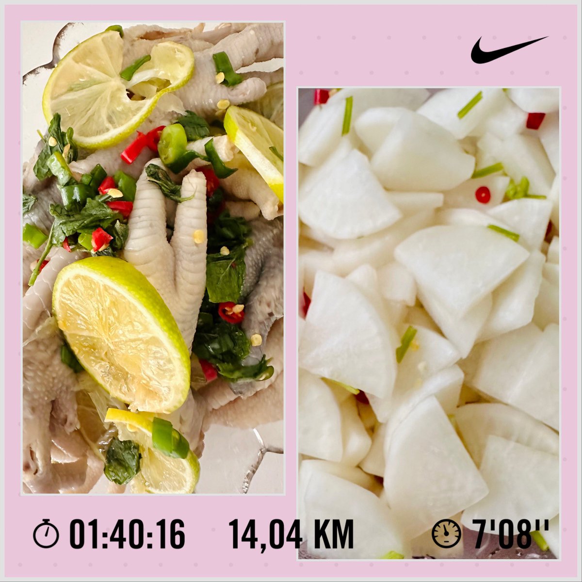 跑步打卡

那天买的鸡爪，一半做了酸辣的
再凉拌点萝卜
这不得整点啊？😆

🍻推友们周末愉快哈