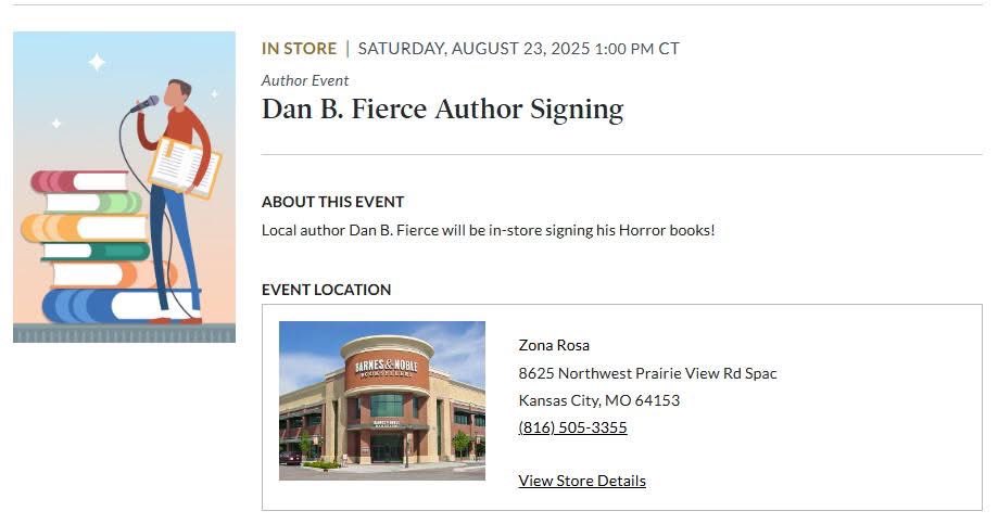 Dan B. Fierce (@danbfierce1) on Twitter photo It's happening today! My author signing at the Zona Rosa Barnes and Noble. 
Come by at 1:00 and meet me in-person, and get a signed copy of one of my books. It's happening today! My author signing at the Zona Rosa Barnes and Noble. 
Come by at 1:00 and meet me in-person, and get a signed copy of one of my books.