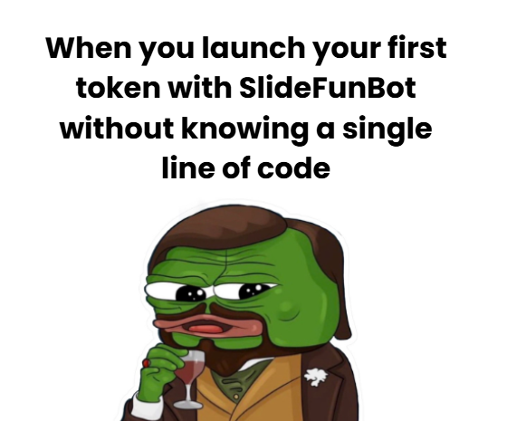 ken_natividad13's tweet photo. Cheers to beginner-friendly meme launches made possible by @SlideFunBot 🥂
Hurry up and launch your own token now, or snipe newly launched Solana tokens here 👉 https://t.co/EXpAz7huX8
#SlideFunBot #SlideFun #Solana #Meme https://t.co/XxFSbMFCTi