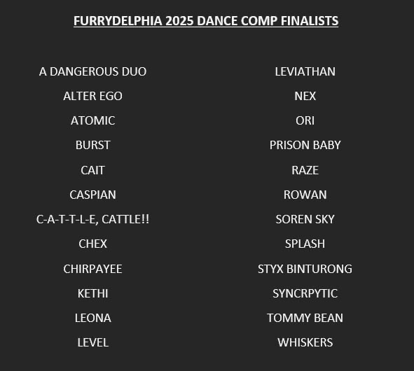 🪩 ladies and gentlethems, your dance comp finalists for this year.

🕕 the finals are at 6pm in main events. you will be there.