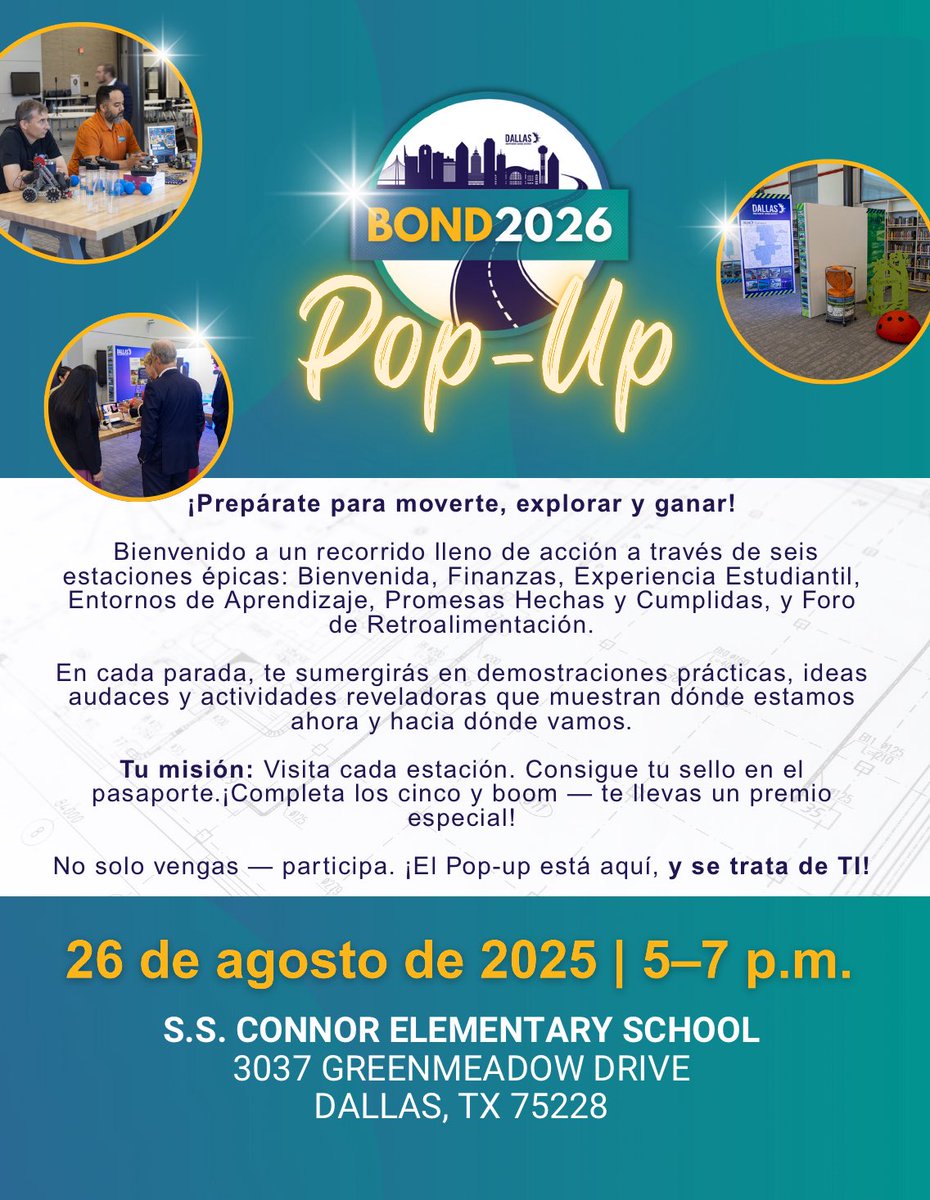 This Tuesday, Aug. 26 from 5–7 PM, the Bond 2026 Pop-Up takes place at S.S. Conner Elementary!

Explore 6 stations with hands-on demos, bold ideas, and activities showing how building sustainable facilities will enhance student achievement.
