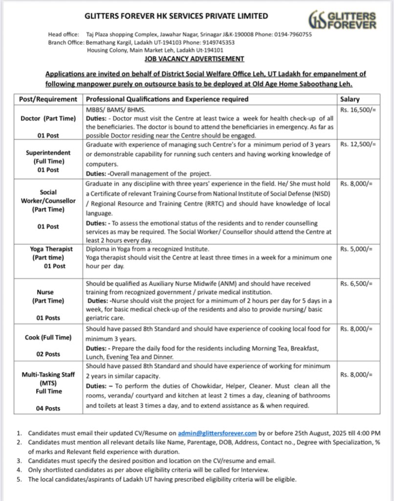 DIPR Leh (@diprleh) on Twitter photo District Social Welfare Office, Leh invites applications for various posts on an outsourcing basis at Old Age Home, Saboo Thang. Last date to apply: 25th August 2025.
Read the notice for more details
<a href="/DIPR_Ladakh/">DIPR Ladakh</a> <a href="/DIPR_Kargil/">DIPR Kargil</a> <a href="/prasarbharti/">AIR News Leh</a> <a href="/ddnewsladakh/">DD NEWS LADAKH</a> District Social Welfare Office, Leh invites applications for various posts on an outsourcing basis at Old Age Home, Saboo Thang. Last date to apply: 25th August 2025.
Read the notice for more details
<a href="/DIPR_Ladakh/">DIPR Ladakh</a> <a href="/DIPR_Kargil/">DIPR Kargil</a> <a href="/prasarbharti/">AIR News Leh</a> <a href="/ddnewsladakh/">DD NEWS LADAKH</a>