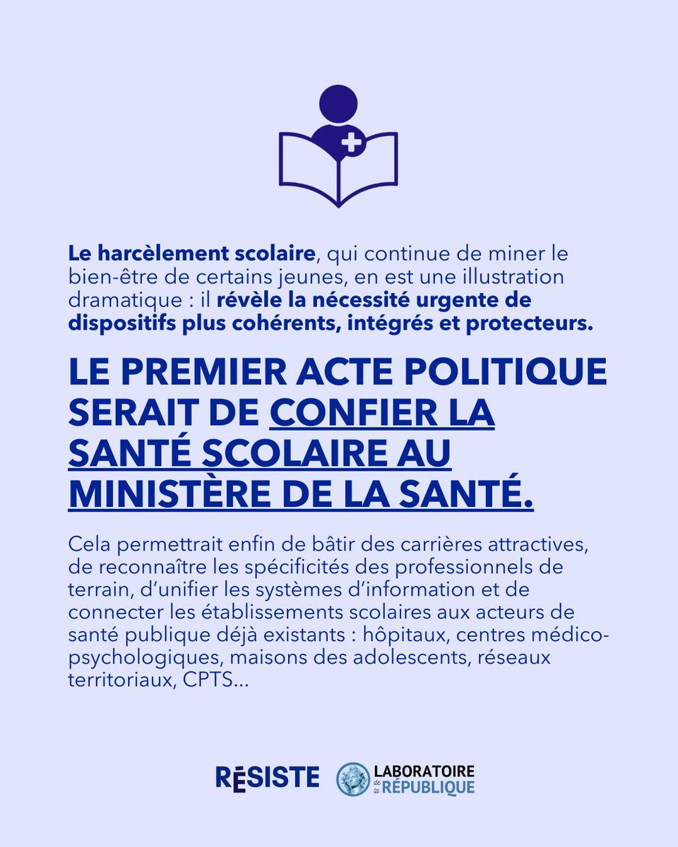 Confier la santé scolaire au ministère de la Santé : voilà le vrai premier acte politique.

Retrouvez la tribune de <a href="/DavidMSmadja/">David Smadja 🎗️🧡</a> dans <a href="/Le_Figaro/">Le Figaro</a> ⤵️ 
lefigaro.fr/vox/societe/da…