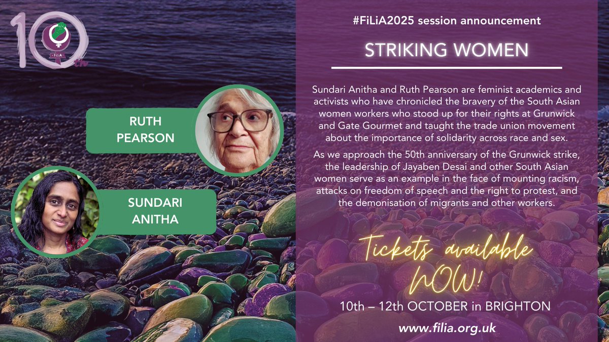 💥 #FiLiA2025 session news 💥

STRIKING WOMEN: As we approach the 50th anniversary of the #Grunwick strike, the leadership of Jayaben Desai &amp; other South Asian Women serve as an example of the power of #solidarity across race &amp; sex.

🎟️ filia.org.uk/tickets

#UnionsForWomen