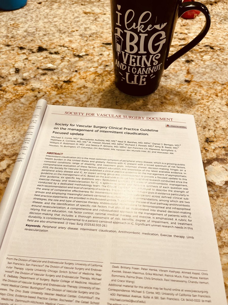 ProleneQueen's tweet image. Some Saturday morning reading 📚 - checking out the @JVascSurg @VascularSVS Clinical Practice Guideline on the Management of intermittent claudication: focused update 👟