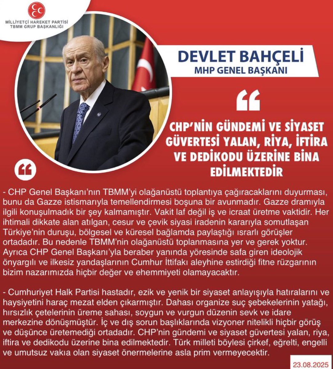 Mustafa Çavuş MHP (@mustafacavusmhp) on Twitter photo Genel Başkanımız Sayın Devlet BAHÇELİ <a href="/dbdevletbahceli/">Devlet Bahçeli</a>: CHP’nin gündemi ve siyaset güvertesi yalan, riya, iftira ve dedikodu üzerine bina edilmektedir Genel Başkanımız Sayın Devlet BAHÇELİ <a href="/dbdevletbahceli/">Devlet Bahçeli</a>: CHP’nin gündemi ve siyaset güvertesi yalan, riya, iftira ve dedikodu üzerine bina edilmektedir