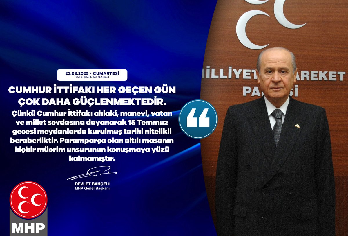 Cumhur İttifakı her geçen gün çok daha güçlenmektedir.
Çünkü Cumhur İttifakı ahlaki, manevi, vatan ve millet sevdasına dayanarak 15 Temmuz gecesi meydanlarda kurulmuş tarihi nitelikli beraberliktir. Paramparça olan altılı masanın hiçbir mücrim unsurunun konuşmaya yüzü
