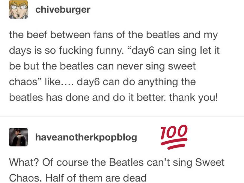 0430_rosegirl's tweet photo. Fanwar terlegend wkwk
"Day6 bisa nyanyi let it be tapi the beattles gak akan pernah bisa nyanyi sweet chaos" 😂😭 https://t.co/KFgCkpfq8l