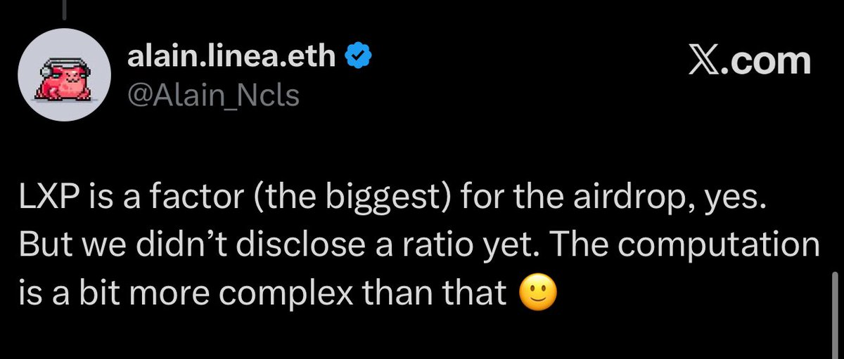 somETHingLinea's tweet image. What could be the potential criteria for the $Linea airdrop?

The team said that the airdrop formula will be complex, but LXP is the biggest factor

What could this mean? 👀

In short, LXP is the biggest factor in your Linea airdrop, but activity-based multipliers will also…